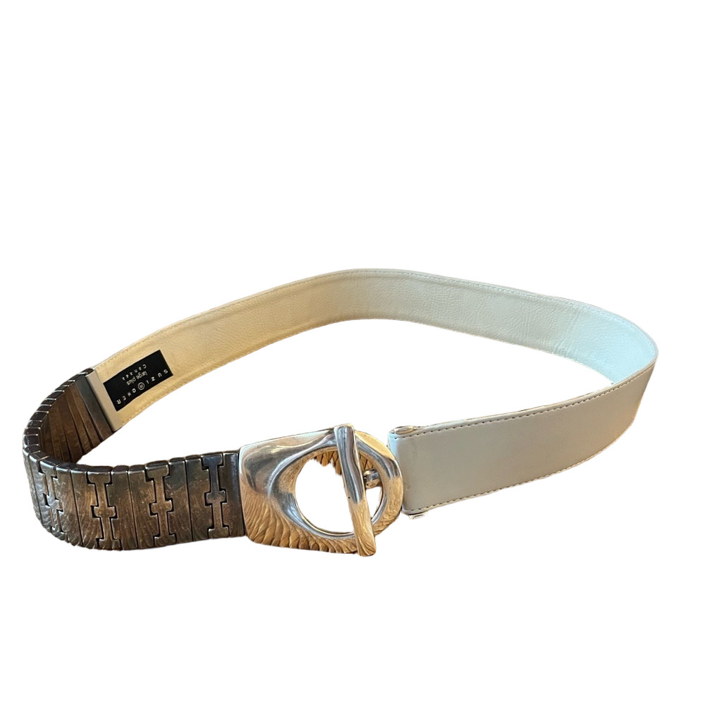 Suzi Roher Cream Leather Link Belt Silver Sculptural Toggle Buckle Large Plus